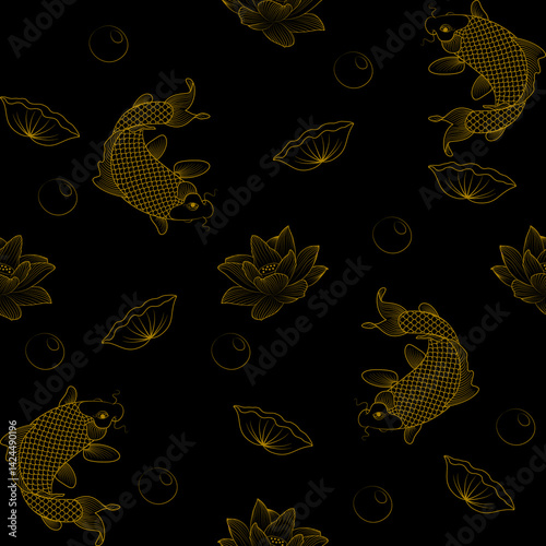 Luxurious golden carp and lotus pattern, line drawing on black background.