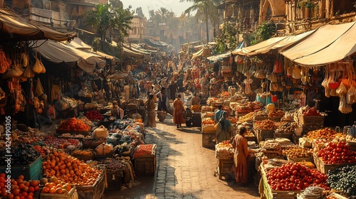 Bustling marketplace scene.  Vibrant, colorful stalls overflowing with fresh produce, spices, and goods.  Crowded pedestrian thoroughfare.  Warm, sunny day