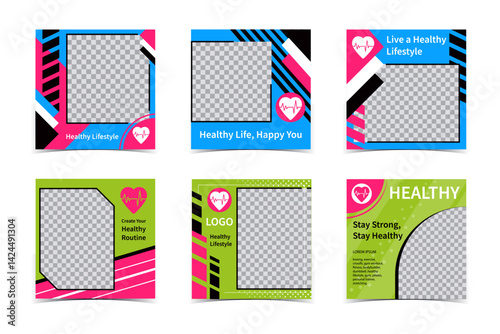 Healthy Lifestyle and Medical Social Media Templates. Square Photo Layouts with Heart