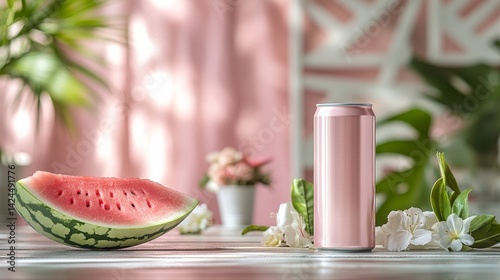 The artwork ‘Pink Drink Can with Floating Papaya, Tropical Scene’ is quite vivid