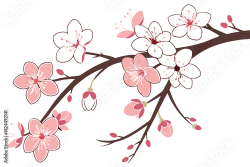 53 Flowering trees, cherry blossoms, pink and white petals, delicate branches, spring bloom, botanical illustration, watercolor style, vector art, clean white background, decorative floral design, sea