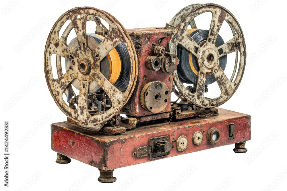 Obraz premium Vintage film projector. Rusty red metal case with large film reels, intricate mechanical parts