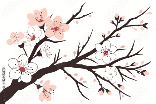 53 Flowering trees, cherry blossoms, pink and white petals, delicate branches, spring bloom, botanical illustration, watercolor style, vector art, clean white background, decorative floral design, sea