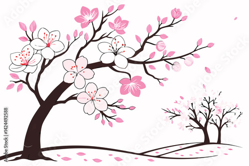 53 Flowering trees, cherry blossoms, pink and white petals, delicate branches, spring bloom, botanical illustration, watercolor style, vector art, clean white background, decorative floral design, sea