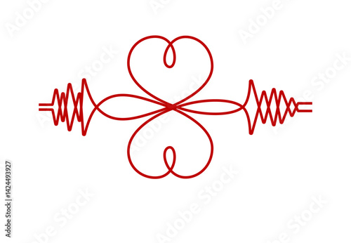 Heart beat one line. Continuous lines heart beats drawing. Wave pulse. Hand draw heartbeat. Design heartbeat for print. Red silhouette cardiogram isolated on white background. Vector illustration