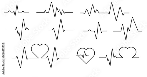 heartbeat line collection, Heartbeat line. Pulse cardiogram Icons of heart beat. Ecg Electrocardiogram with healthy rhythm, cardio attack, ischemia, infarction. Symbol for cardiac