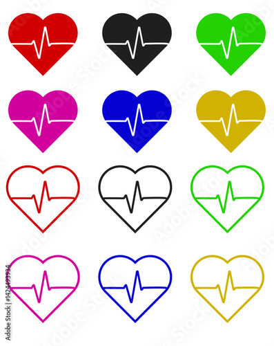 HEART, LOVE, heartbeat line collection, Heartbeat line. Pulse cardiogram Icons of heart beat. Ecg Electrocardiogram with healthy rhythm, cardio attack, ischemia, infarction. Symbol for cardiac
