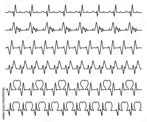 heartbeat line collection, Heartbeat line. Pulse cardiogram Icons of heart beat. Ecg Electrocardiogram with healthy rhythm, cardio attack, ischemia, infarction. Symbol for cardiac