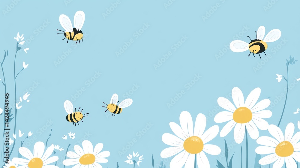 Obraz premium Bees pollinating daisies in a spring meadow, perfect for nature or springtime themes