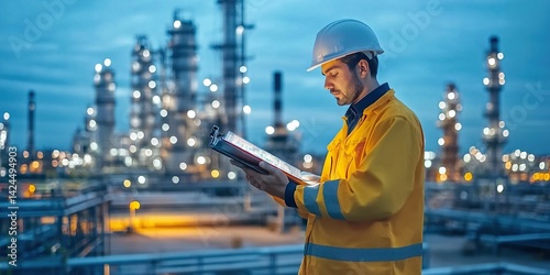 Engineer Inspecting Plant: Man in hard hat reviews data at industrial site during evening hours.