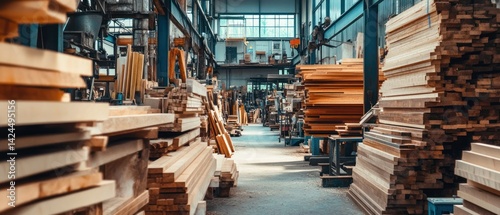 Lumber Warehouse: Rows of Stacked Wood in Industrial Setting