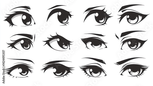 Anime style eyes, drawing tutorial, various expressions, white background, design resource