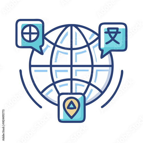 Globe with Translation Tags Icon Representing Global Language Translation and Multilingual Communication
