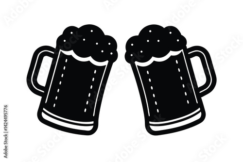 Black Beer Mugs Clinking with Bubbles Cheers Celebration on Transparent Background