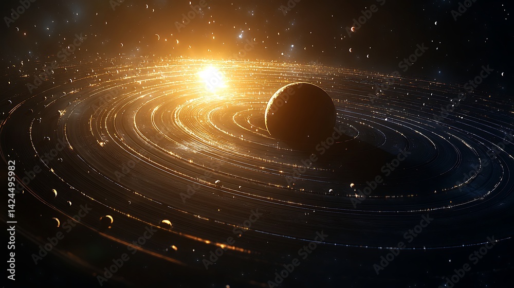 Obraz premium Glowing Planet with Rings in Space, A glowing planet surrounded by multiple rings and small celestial bodies in space