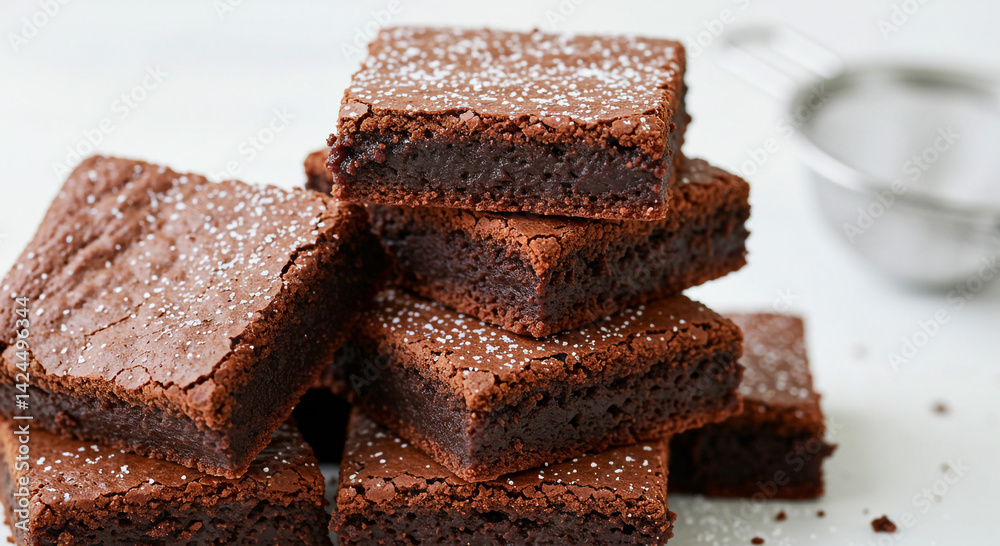 A stack of chocolate brownies dusted with powdered sugar on a white surface with sieve nearby A stack of chocolate brownies dusted with powdered sugar on a white surface with sieve nearby