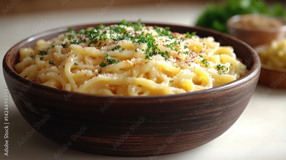 Creamy pasta in a rustic bowl garnished with herbs and cheese ready to be enjoyed Creamy pasta in a rustic bowl garnished with herbs and cheese ready to be enjoyed