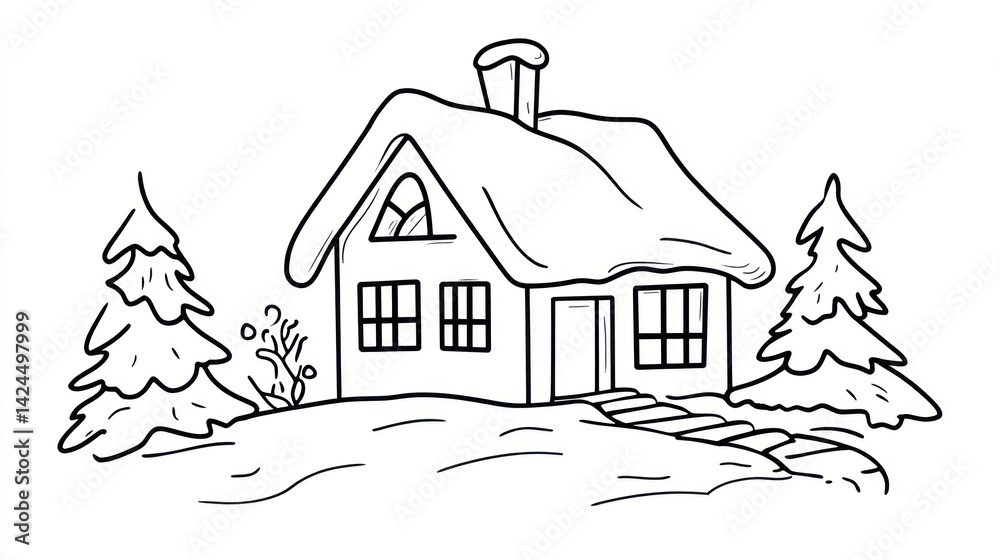 Fototapeta premium Snowy cottage winter landscape, Christmas card illustration
