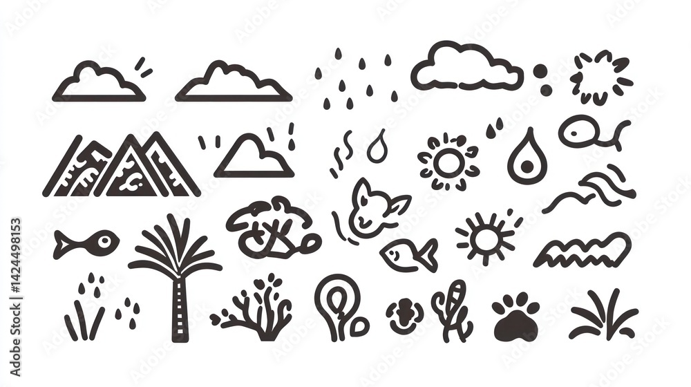 Obraz premium Hand-drawn nature icons sun, clouds, rain, mountains, ocean, plants, animals