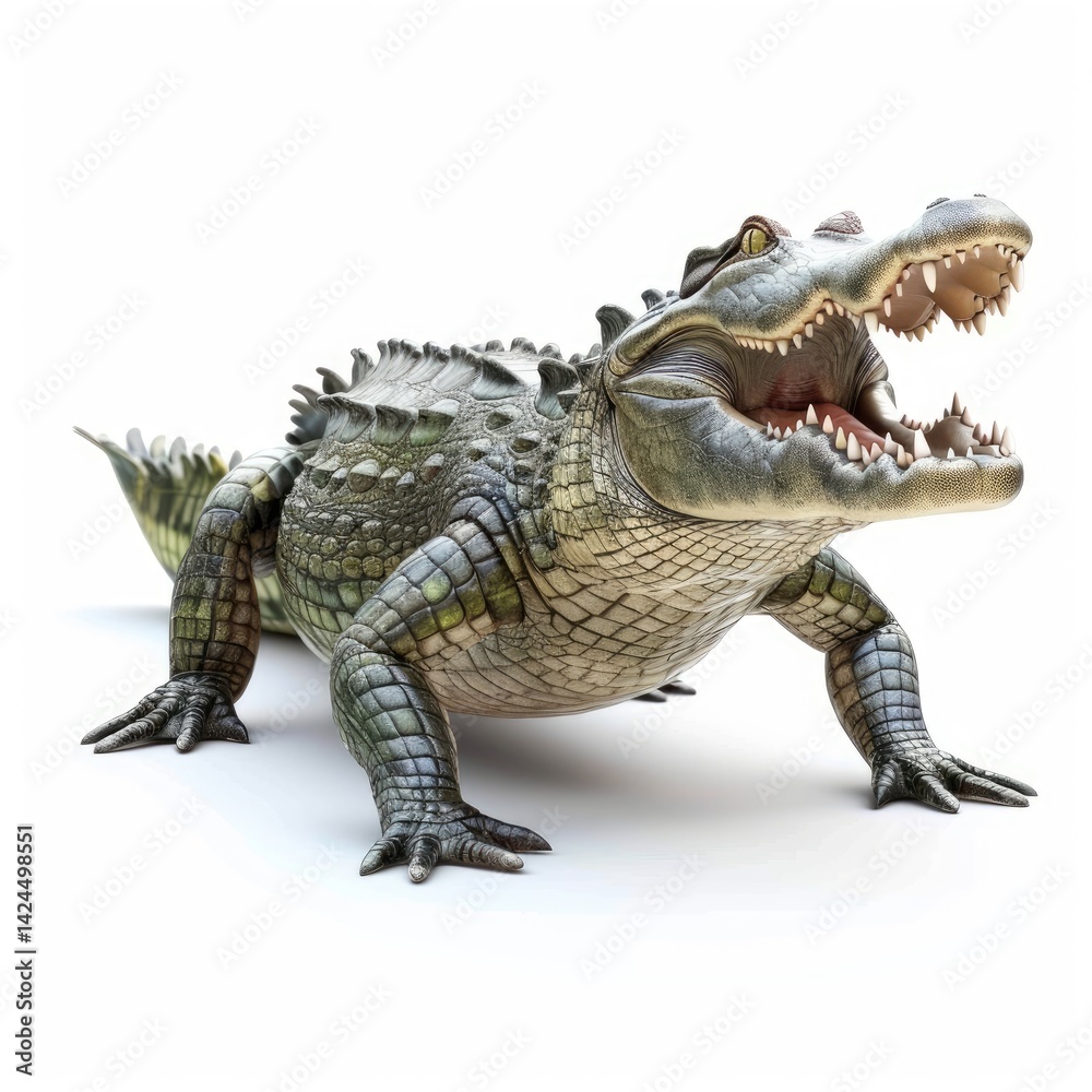 Naklejka premium A large alligator in a menacing stance against a white background.
