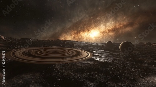 Glowing Planet with Rings in Space, A glowing planet surrounded by multiple rings and small celestial bodies in space