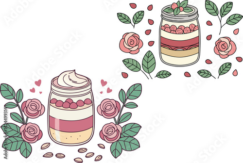 Layered Dessert in a Jar with Colorful Edible Flowers Aesthetic Food Photography