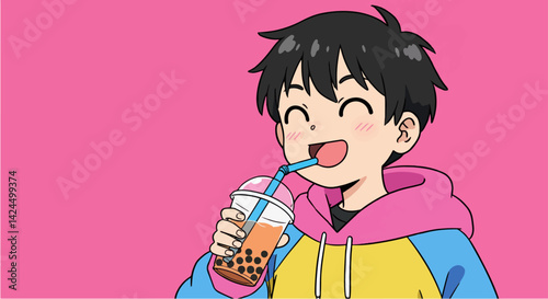 タピオカティーを飲む少年、明るいピンクの背景に、コピー空間付き