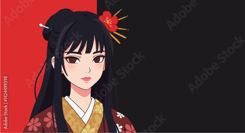 着物姿の女性のイラスト,背景が赤と黒,コピー空間あり