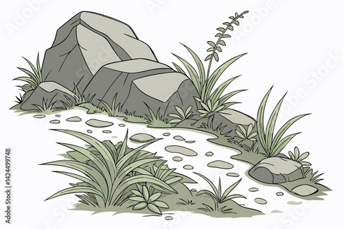 6 Realistic stone and moss elements, Natural landscape components, Detailed vegetation textures, Gray rocks with green foliage, Isolated ground cover designs, Photorealistic nature fragments, Miniatur