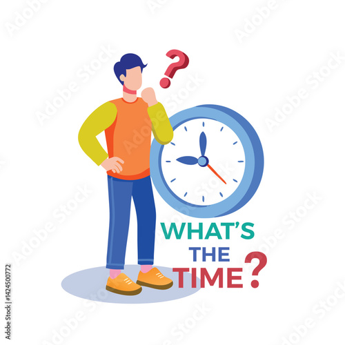 Man against Clock asking, What's The Time? Cartoon illustration, young man Stands in front of a giant clock vector, Time Management