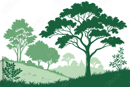 7 Lush green forest, realistic vector illustration, diverse tree species, deciduous trees, shrubs and bushes, layered foliage, natural landscape, botanical artwork, detailed leaf textures, environment
