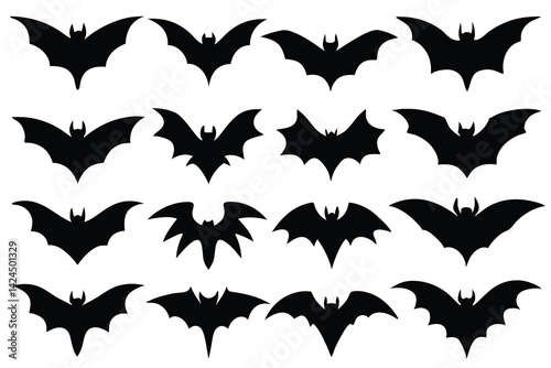 Black flying bat silhouettes on white background, scary Halloween animals concept