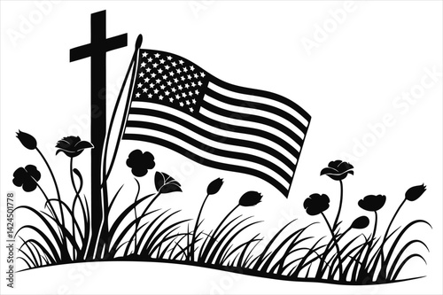 Minimalist silhouette of a battlefield cross with flowing American flag and wild poppies
