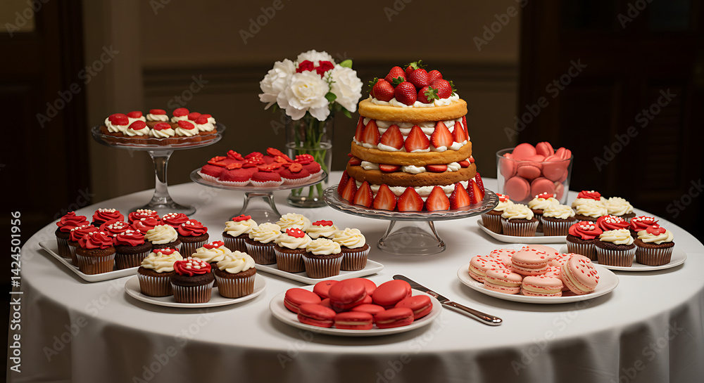 Naklejka premium Delectable Dessert Display: A sumptuous array of cakes, cupcakes, and macarons adorns a white tablecloth, perfect for a celebration!