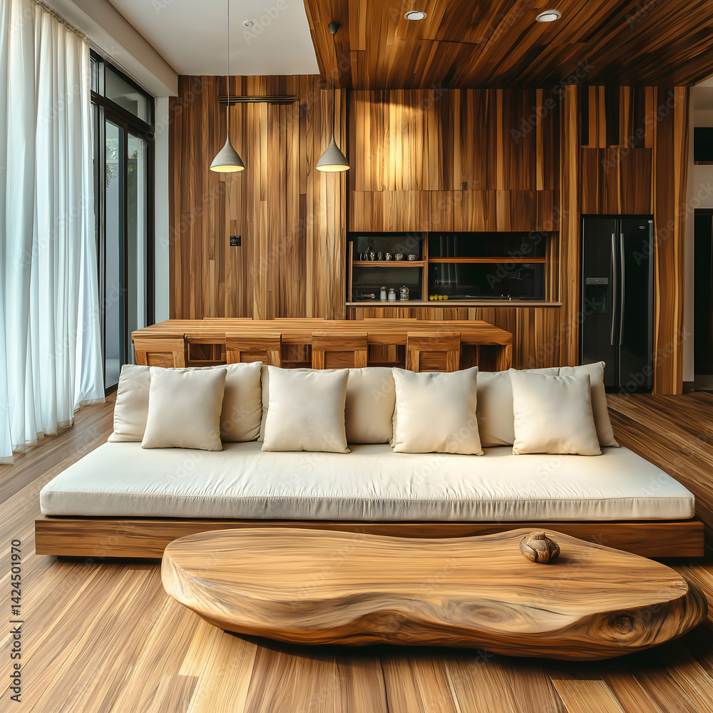 Zen-Style Solid Wood Plank Sofa in Natural Light – Modern Residential Design