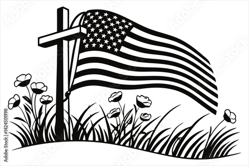 Minimalist silhouette of a battlefield cross with flowing American flag and wild poppies