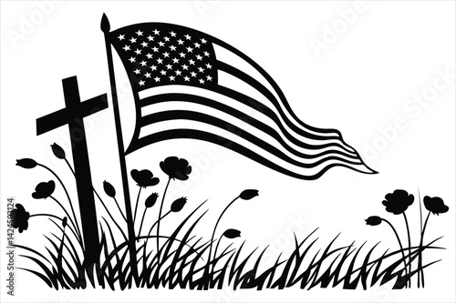 Minimalist silhouette of a battlefield cross with flowing American flag and wild poppies