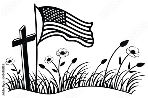 Minimalist silhouette of a battlefield cross with flowing American flag and wild poppies