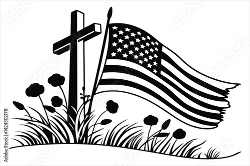 Minimalist silhouette of a battlefield cross with flowing American flag and wild poppies
