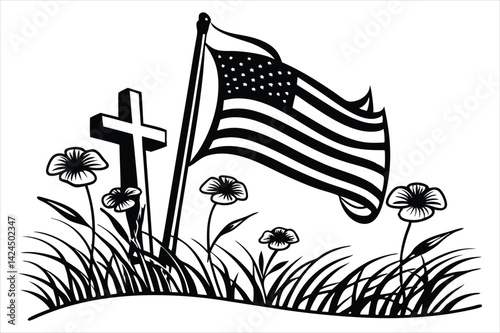 Minimalist silhouette of a battlefield cross with flowing American flag and wild poppies
