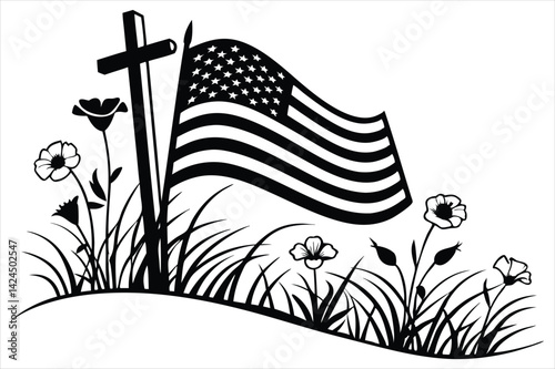 Minimalist silhouette of a battlefield cross with flowing American flag and wild poppies