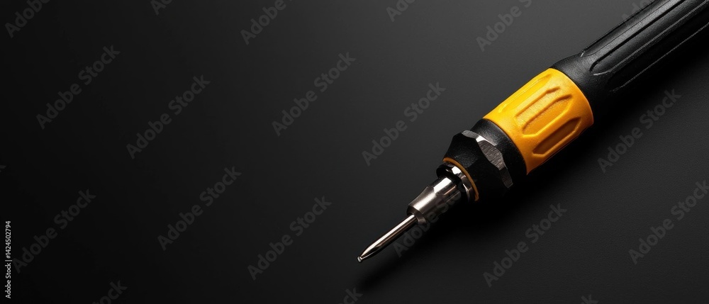 Close-up of a screwdriver with a yellow handle and black shaft. the screwdriver has a pointed tip and a sharp, pointed tip. the handle is made of plastic and has a textured grip for a secure hold. Close-up of a screwdriver with a yellow handle and black shaft. the screwdriver has a pointed tip and a sharp, pointed tip. the handle is made of plastic and has a textured grip for a secure hold.