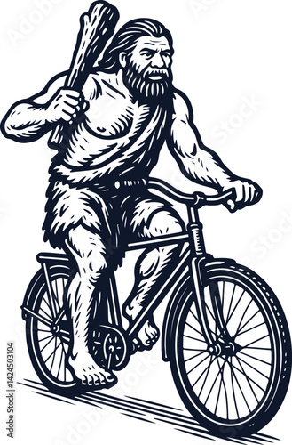 neanderthal man riding a bicycle with a club style engraving hand drawn vector