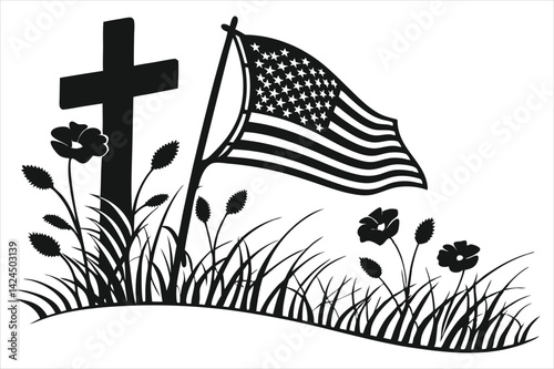 Minimalist silhouette of a battlefield cross with flowing American flag and wild poppies