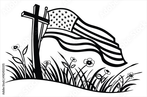 Minimalist silhouette of a battlefield cross with flowing American flag and wild poppies