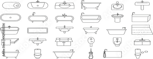 Bathroom furniture top view. Architectural uncolored set for interior design. Vector collection. Baths, shells, toilets, bidets, urinals, showers. View from above.