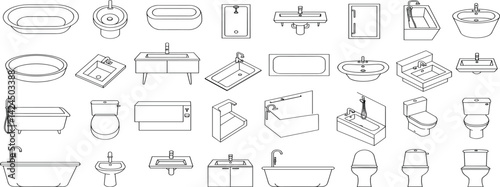 Bathroom furniture top view. Architectural uncolored set for interior design. Vector collection. Baths, shells, toilets, bidets, urinals, showers. View from above.