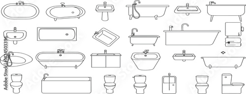 Bathroom furniture top view. Architectural uncolored set for interior design. Vector collection. Baths, shells, toilets, bidets, urinals, showers. View from above.