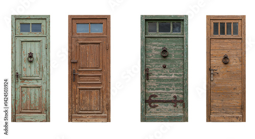 set of old wooden doors isolated  on white background,old wooden grocery door isolated on white background 
