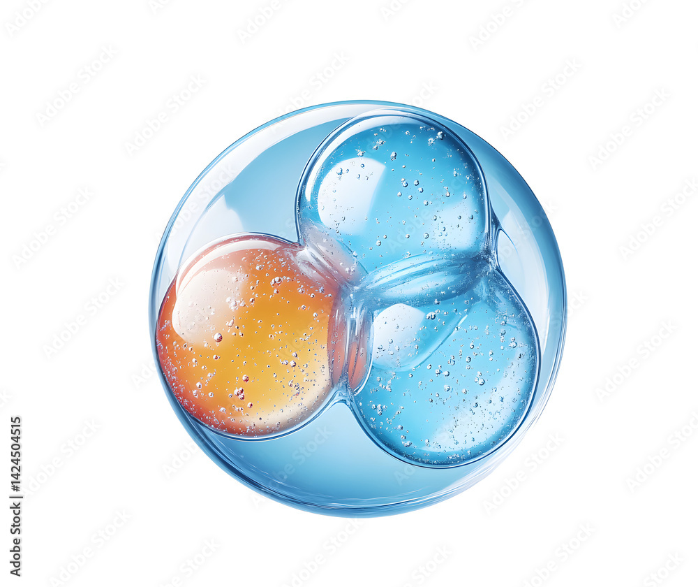 Molecules inside bubbles on blue background Collagen serum bubble